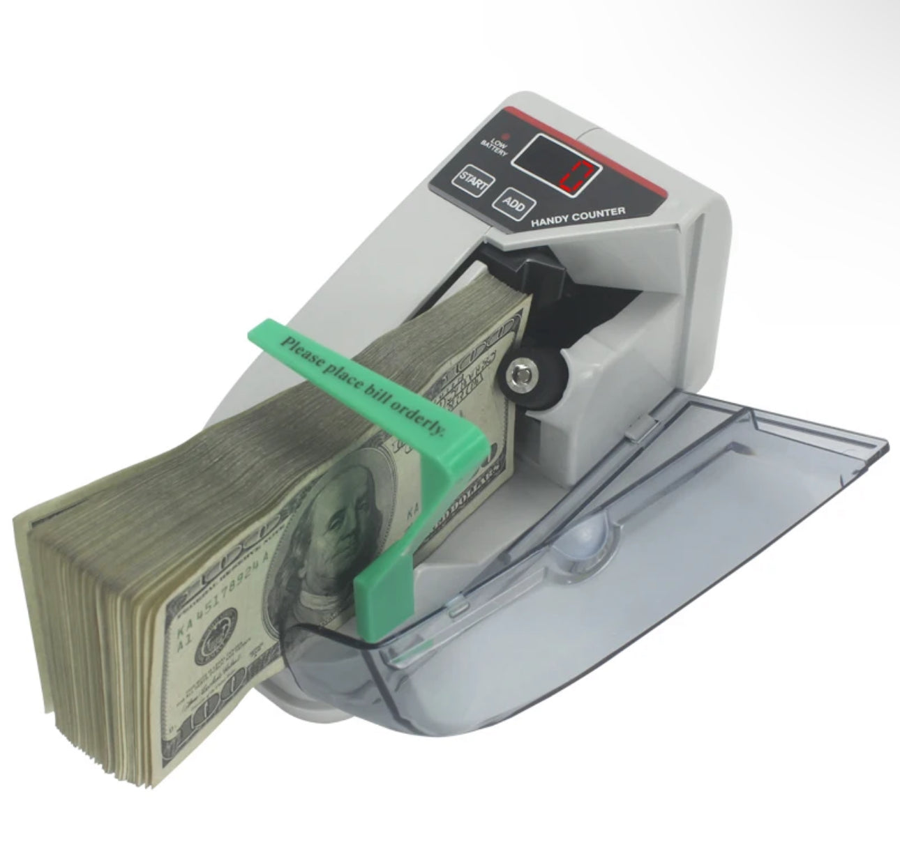 Compact note counting machine processing a stack of US dollar bills with transparent side cover