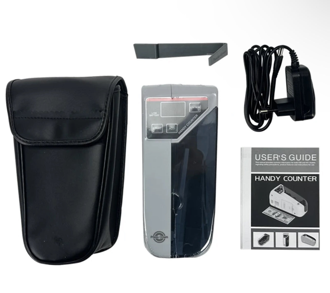 Complete note counting machine set including pouch, power cable, user manual, and accessories