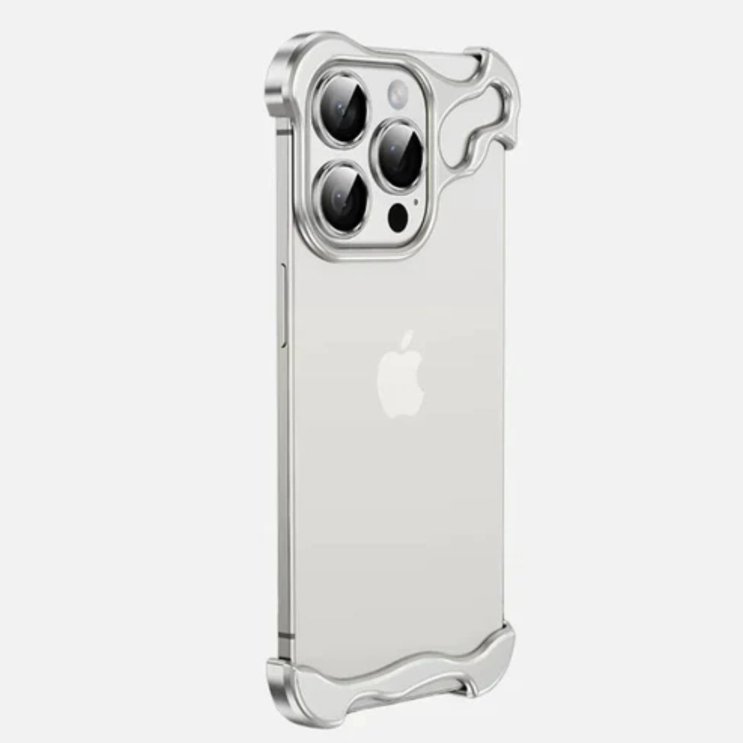 Minimalist clear iPhone case with flame styled silver aluminum bumpers and camera frame premium nude apple cover with metal detailing for iphone 15 pro covers