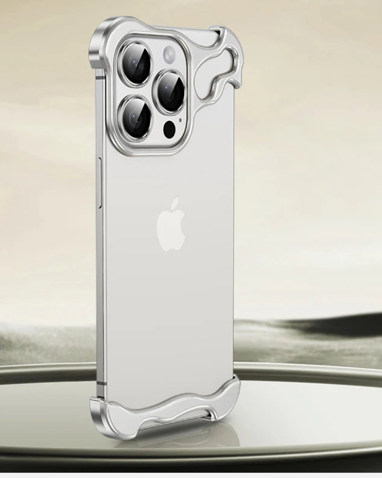 Minimalist clear iPhone case with flame styled silver aluminum bumpers and camera frame premium nude apple cover with metal detailing for iphone 15 pro covers