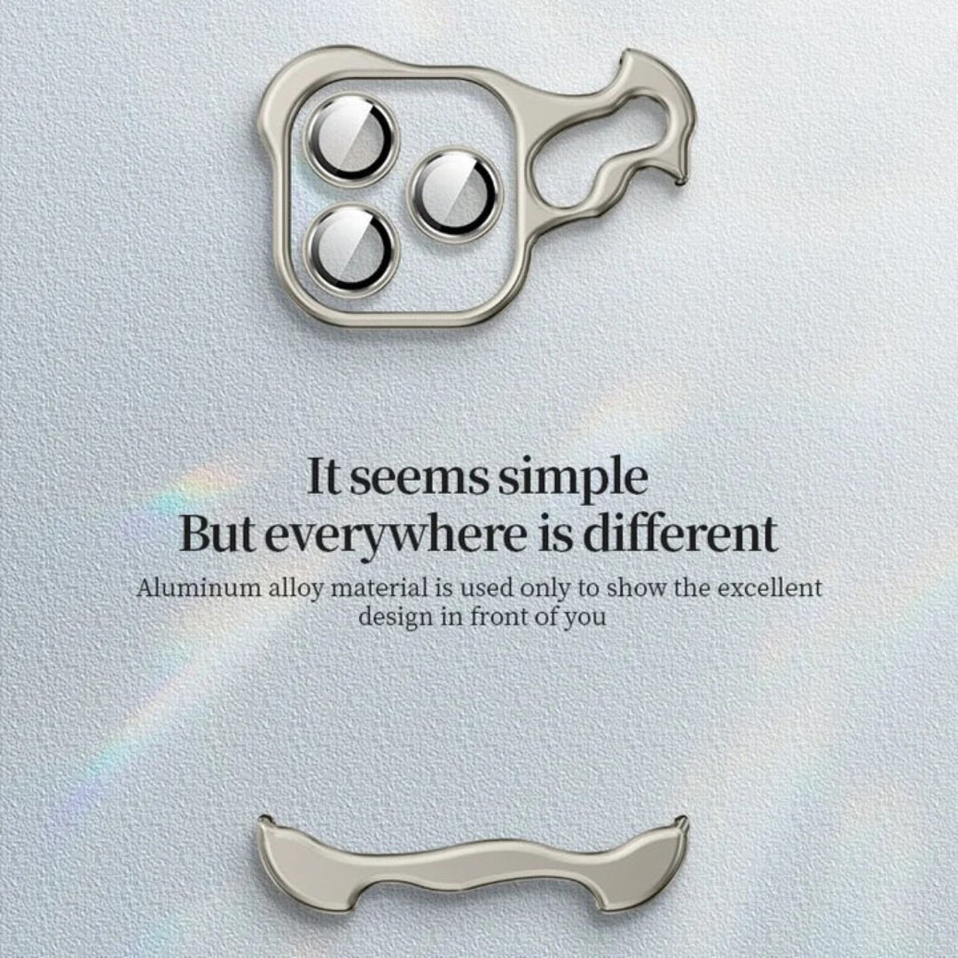 Flame style iPhone cases aluminum alloy parts shown with caption on blue background detachable camera frame for iphone 15 pro covers