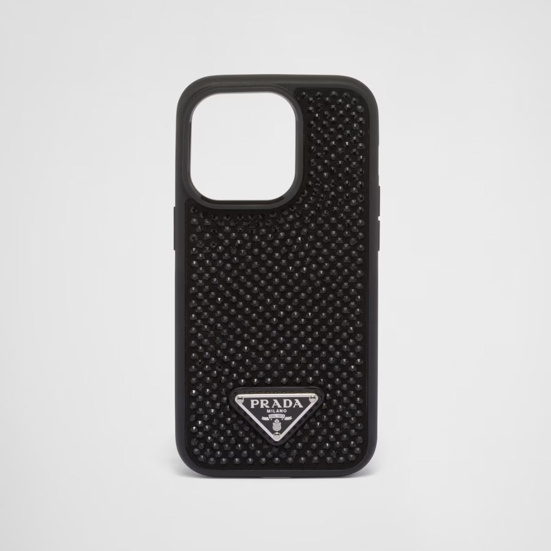 Black luxury apple cover with textured crystal studded surface and Prada Milano logo at the bottom for iphone 15 pro covers