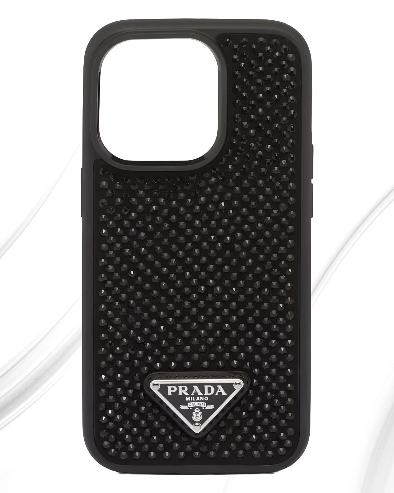 Black luxury apple cover with textured crystal studded surface and Prada Milano logo at the bottom for iphone 15 pro covers