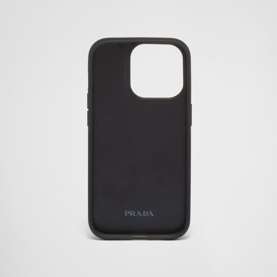 Minimalist black iPhone case with a smooth matte finish and subtle Prada brandin for iphone 15 pro covers