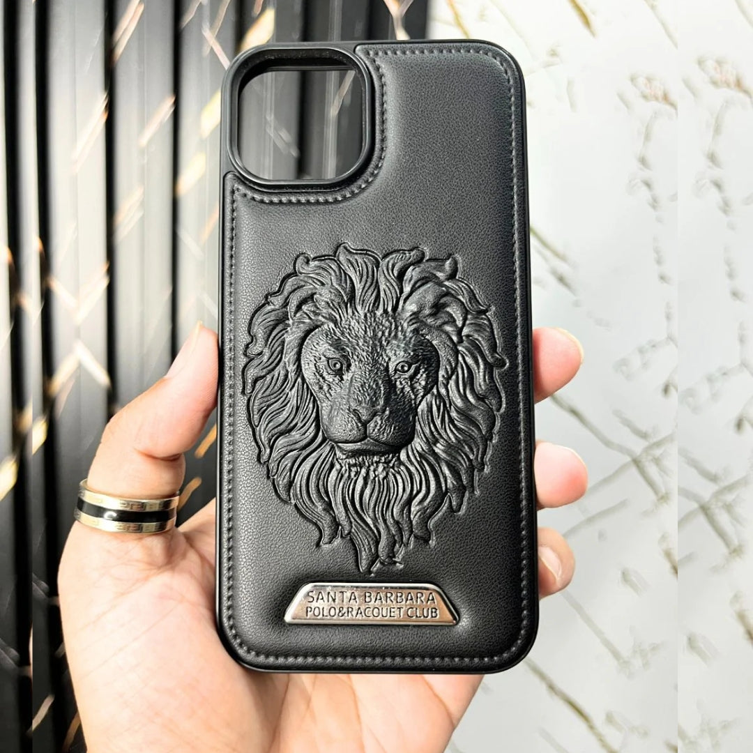 Premium black leather iPhone cover featuring an embossed lion design with a metallic Santa Barbara Polo Racquet Club logo for a bold and luxurious look for iphone 15 pro max cover
