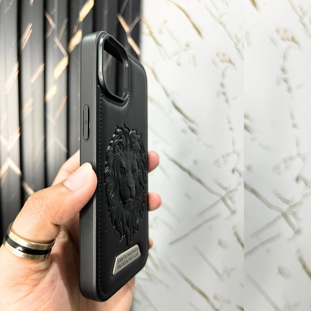 Alternate side angle of the Apple cover with an elegant lion embossing and smooth matte leather finish for iphone 15 pro max cover