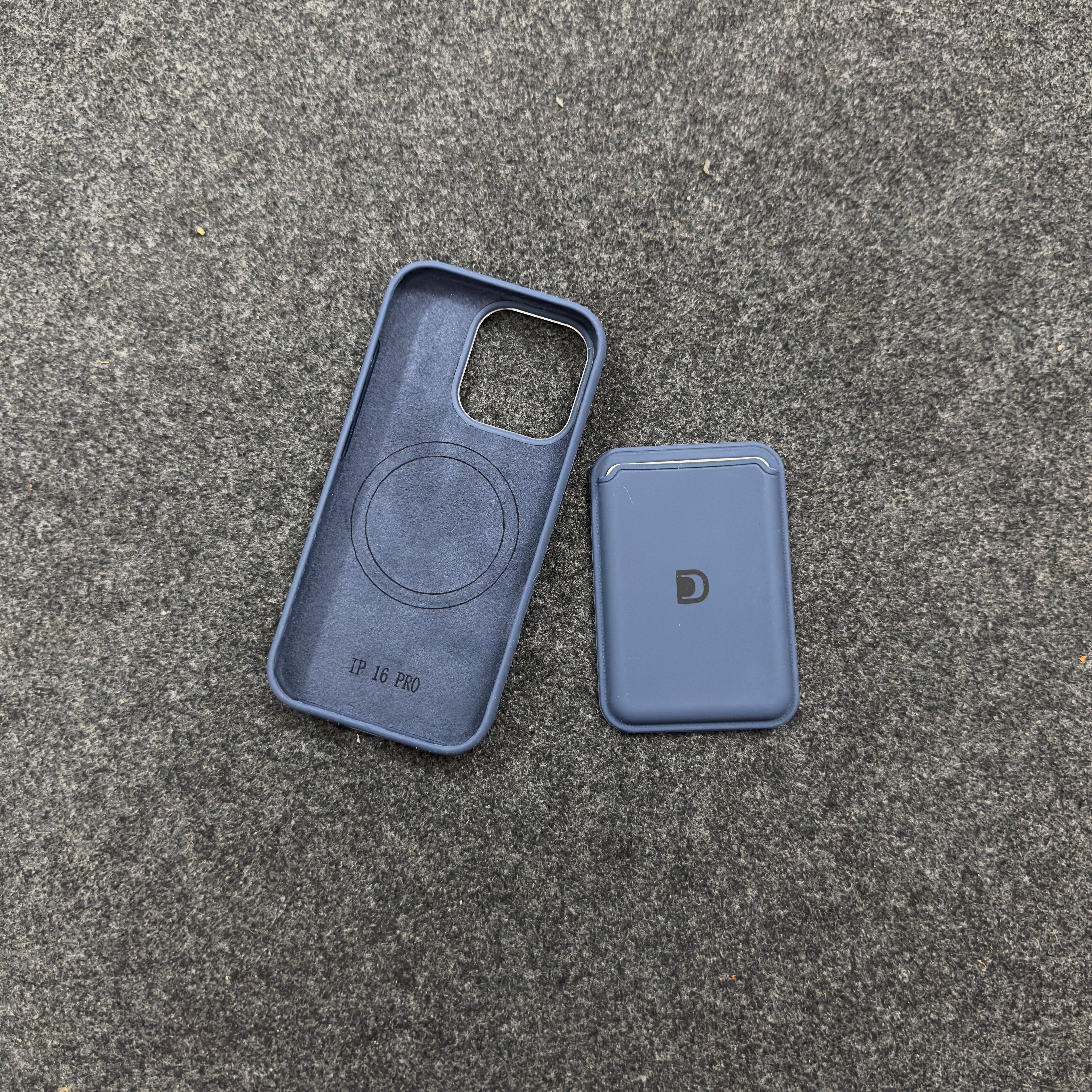 Blue iPhone cover and magnetic wallet placed flat on a textured grey surface for iphone 16 pro case