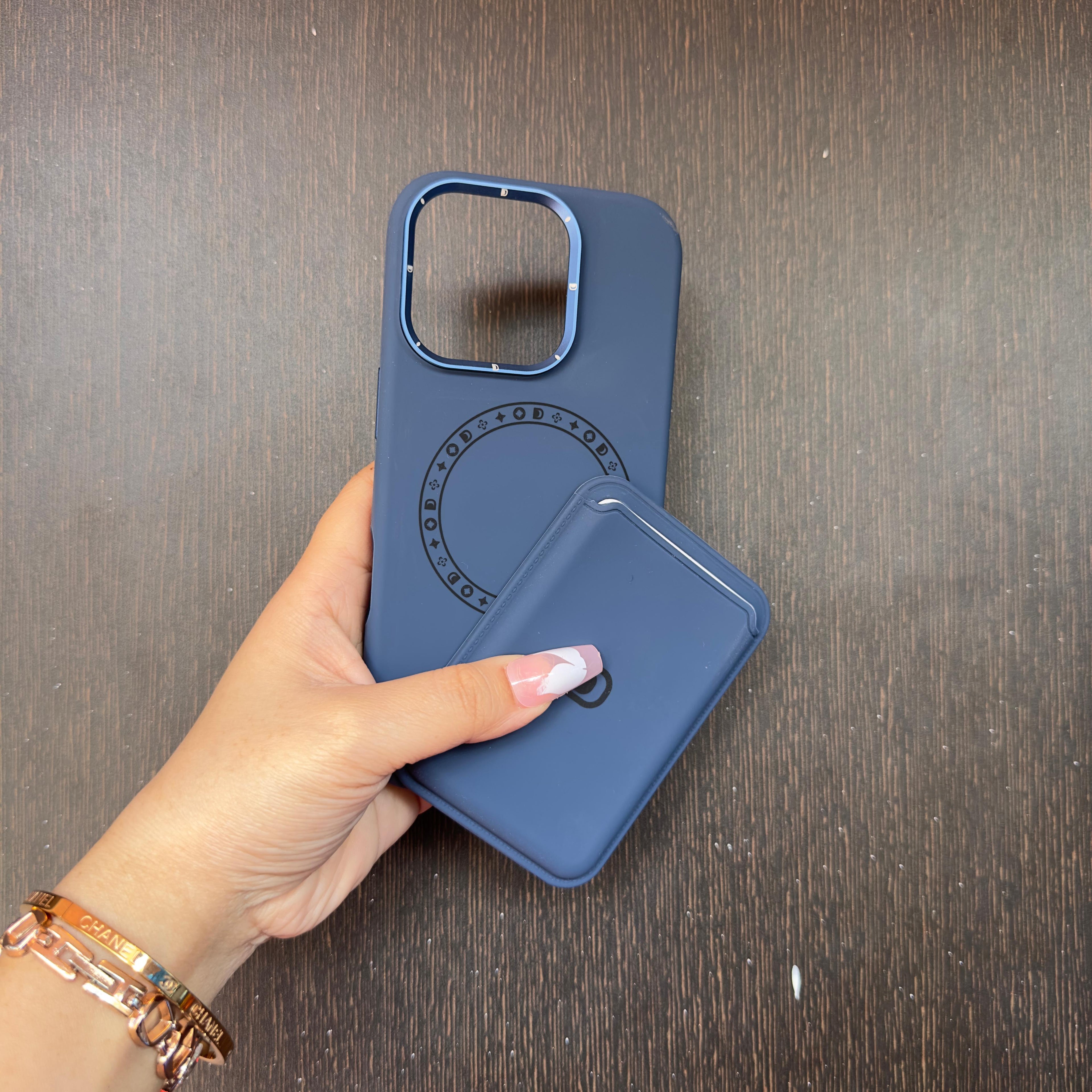 Matching navy blue iPhone cover and MagSafe wallet shown together to display magnetic alignmen for iphone 16 pro case