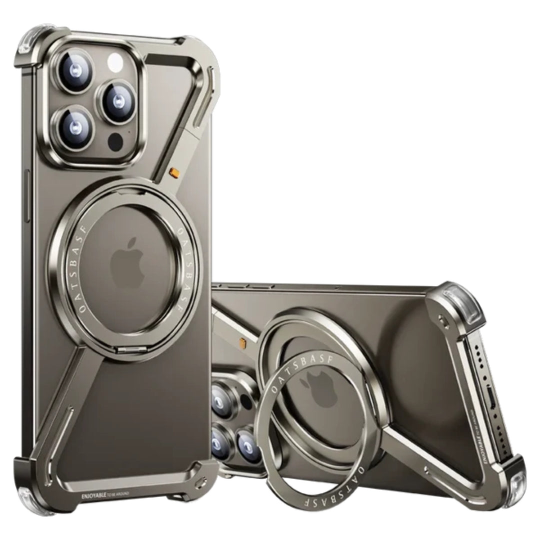 Silver iPhone cover with metal bumper frame and built in rotating ring stand for iphone 15 pro max cover offering a futuristic and premium Apple cover look.