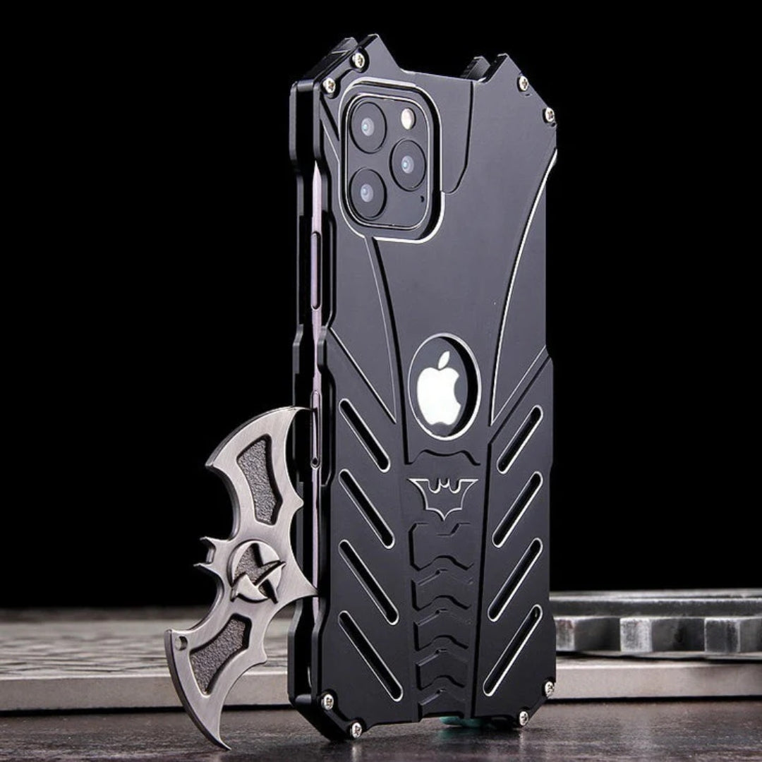 Rugged batman themed aluminum iPhone cover with unique bat dart accessory shown alongside for iphone 15 pro max cover