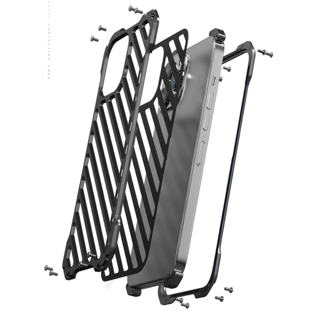 Rugged black iPhone cover with industrial hollow design and multi layered metal construction for extreme durability and style for iphone 15 pro max cover