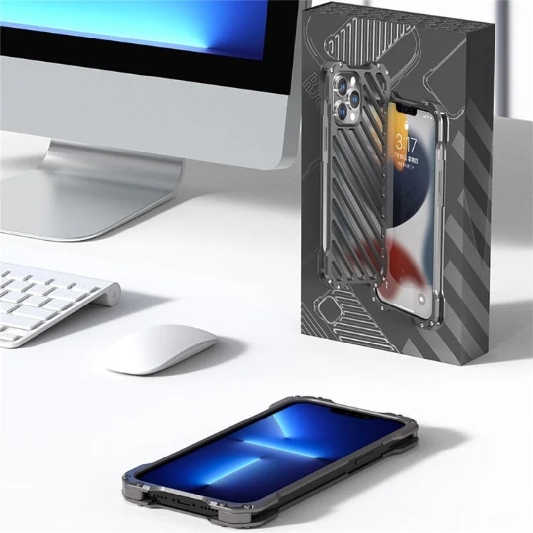 Metal iPhone case with wallet card storage and stand feature, shown beside a desktop for iphone 15 pro max cover