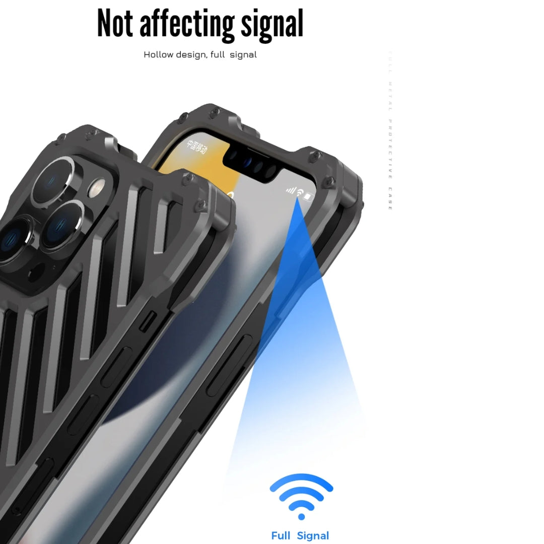 Shockproof metal mobile cover with a smart design that allows full signal reception while providing heavy duty protection for iphone 15 pro max cover