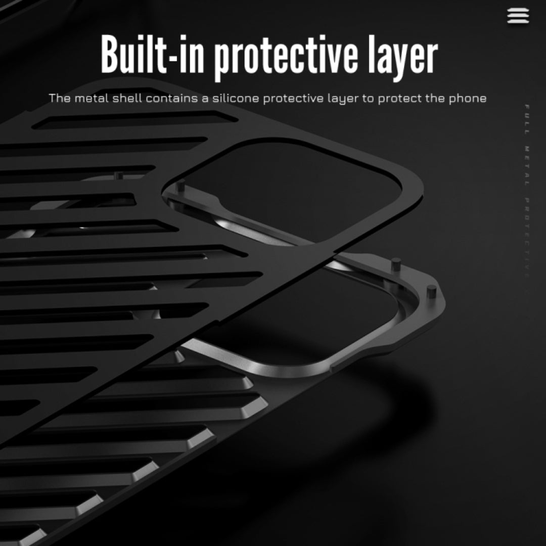 Black aluminum iPhone case with diagonal hollow design showcasing the built in silicone protective layer for added phone safety for iphone 15 pro max cover