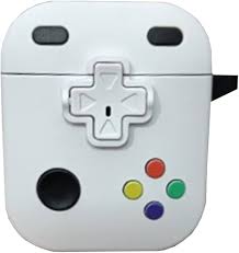 White AirPods case with a retro gaming console design, airpod 2nd gen case featuring a D pad and colorful buttons, attached to a silver keyring.