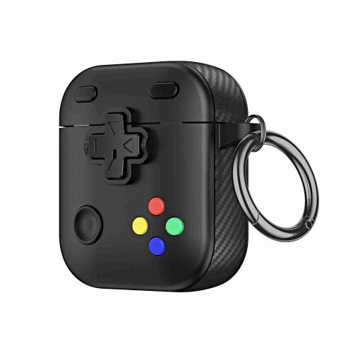 Black AirPods case styled like a mini game controller with tactile buttons in red, green, yellow, and blue, including a metal keyring for easy carrying for airpod 2nd gen case