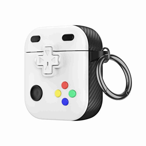 Close up of the white gamepad style AirPods case showing prominent directional pad and multi color button detailing, airpod 2nd gen case evoking a classic gaming feel.