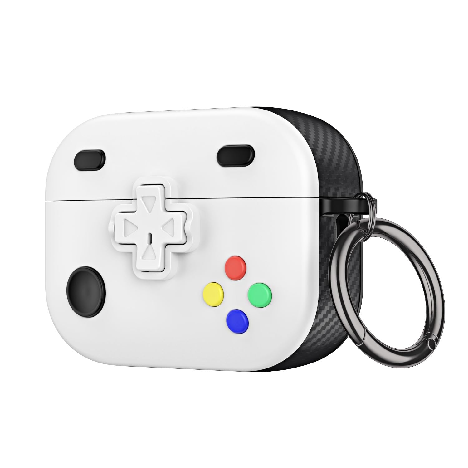 White airpod pro case designed like a retro game controller with colored buttons and a keyring holder