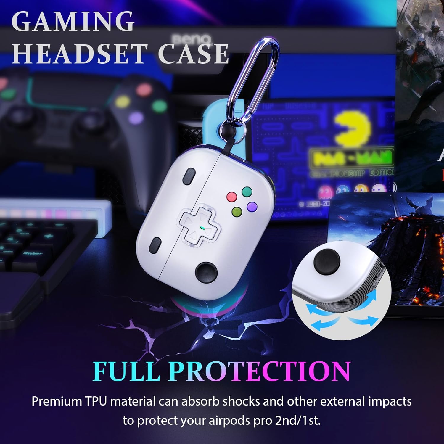 Gaming themed headset case with joystick and button styling, airpod pro case offering full protection