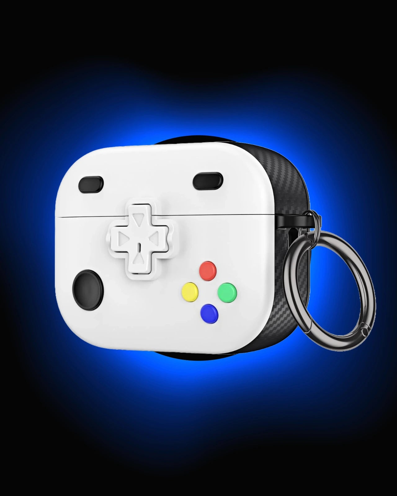 Game controller style airpod pro case with white finish and ring holder displayed outdoors on a rock