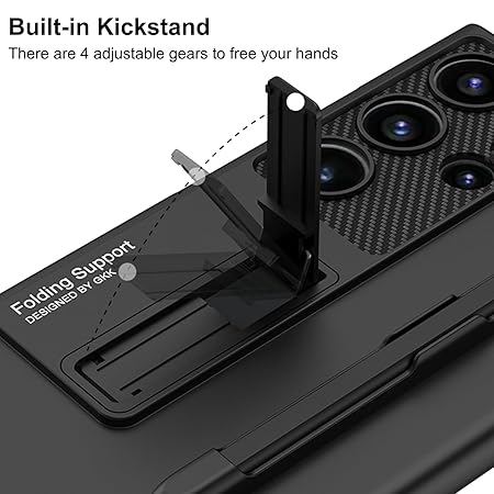 Black Samsung cover with built in folding kickstand shown partially opened for hands free use for S25 Ultra