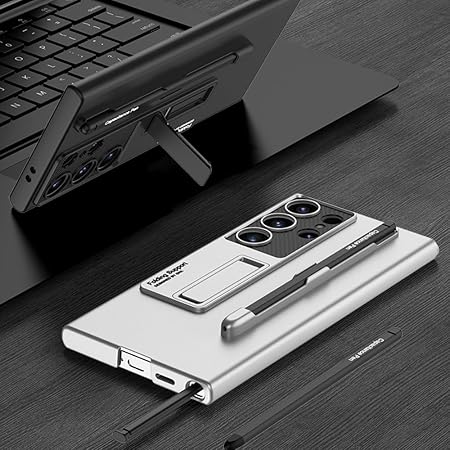 Dual tone Samsung cover placed on desk, showing foldable kickstand and S Pen in separate groove for S25 Ultra