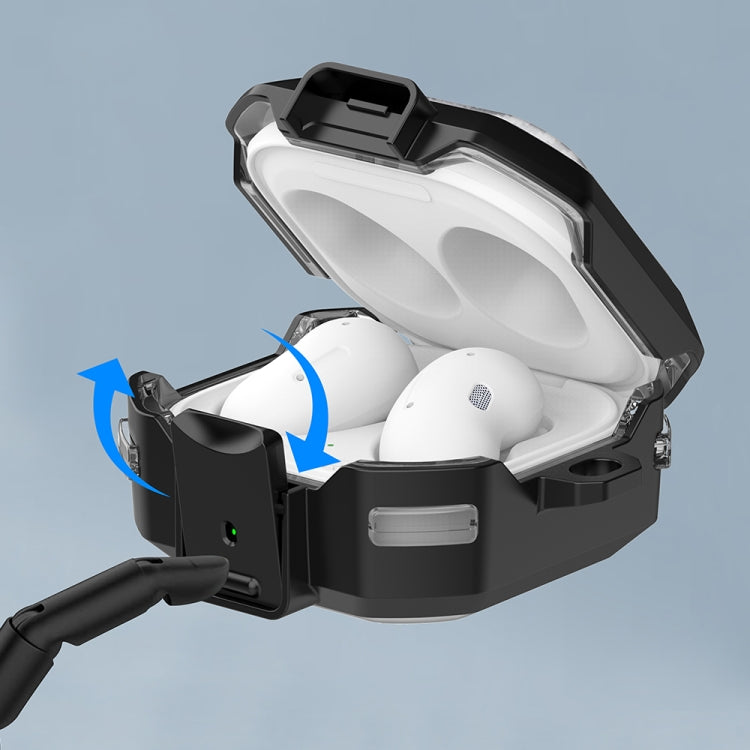 Rugged black and white samsung buds with secure lid opening design for easy access and protection.