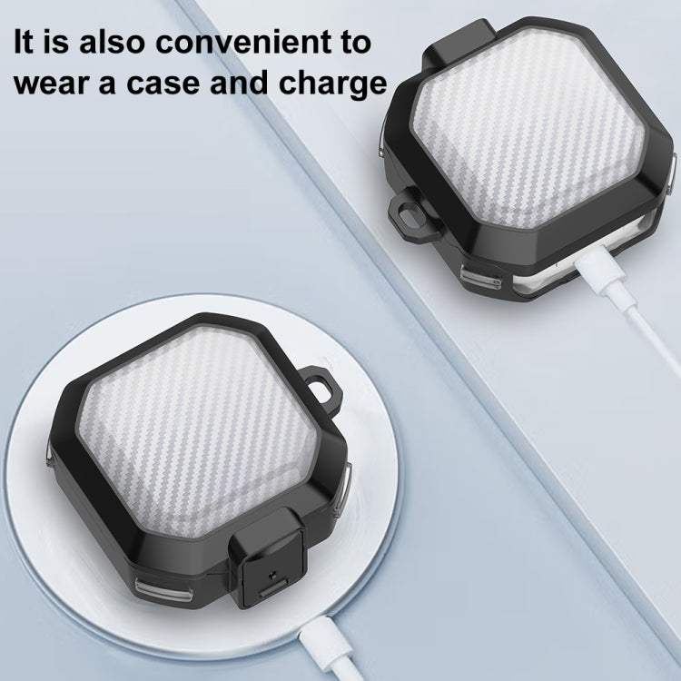 Black samsung buds with wireless and wired charging compatibility, designed for convenience.