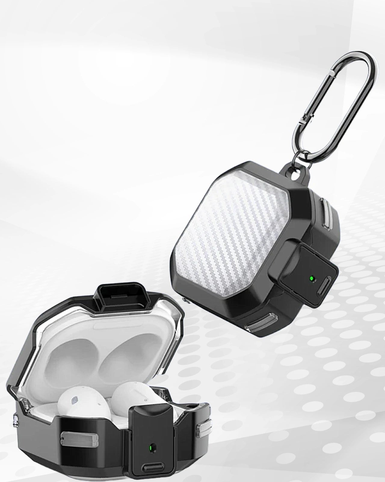 Tough samsung buds with carabiner hook and carbon fiber texture, opened to reveal earbuds inside.