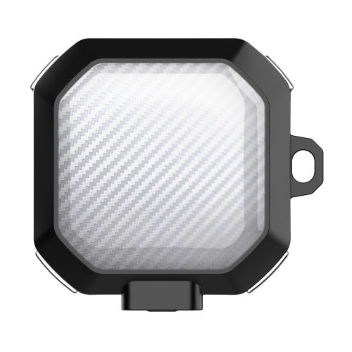 Black and silver samsung buds featuring a transparent carbon fiber panel and side loop for clipping.