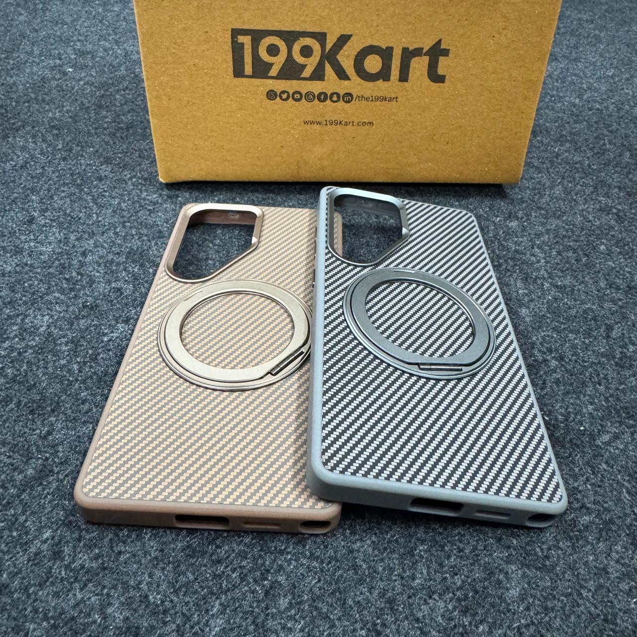 Stylish Samsung covers in brown and grey with carbon fiber texture and raised MagSafe compatible ring, S25 Ultra providing secure grip and stand support
