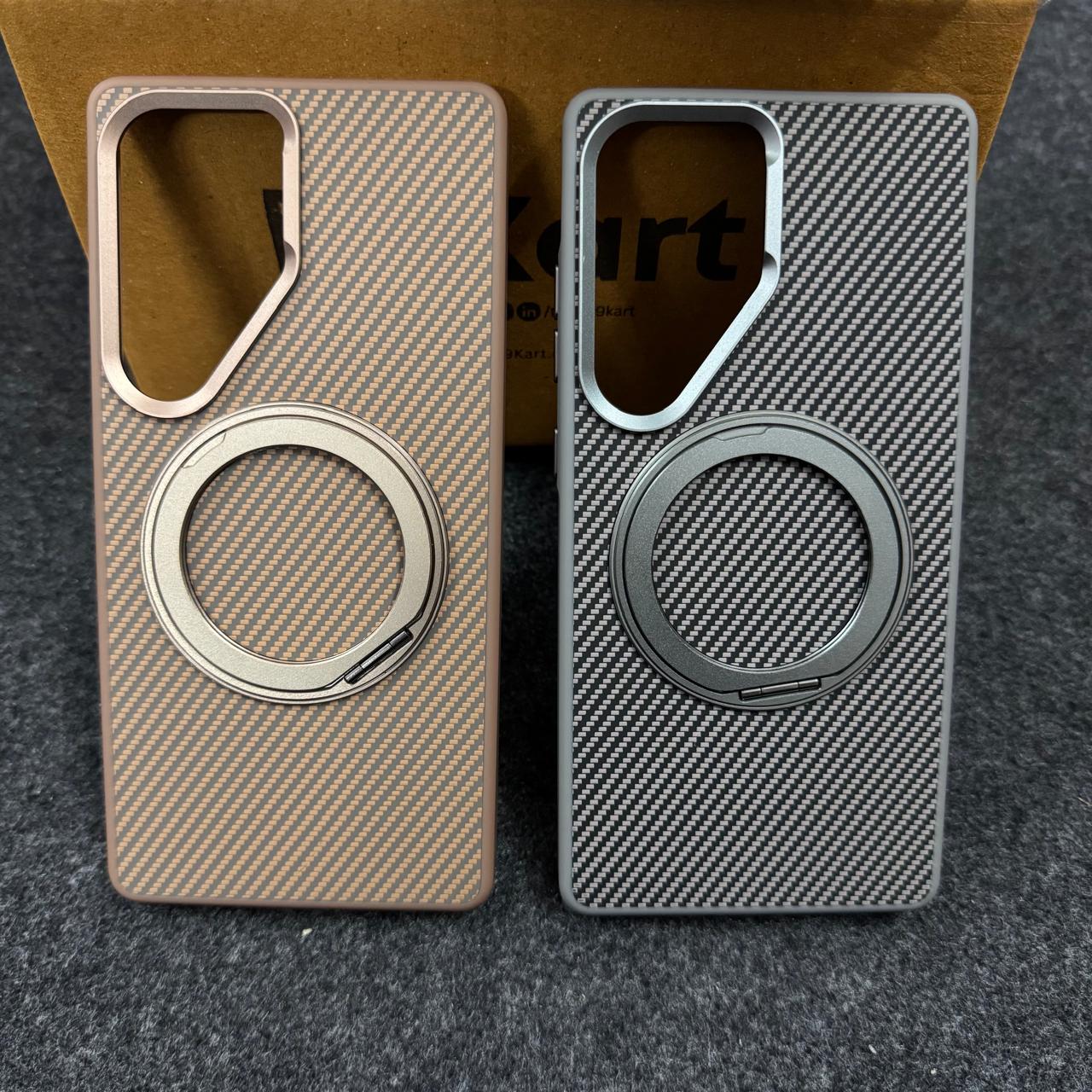 Two carbon textured samsung cover for S25 Ultra with built in MagSafe ring stand, shown in metallic bronze and graphite grey finishes.
