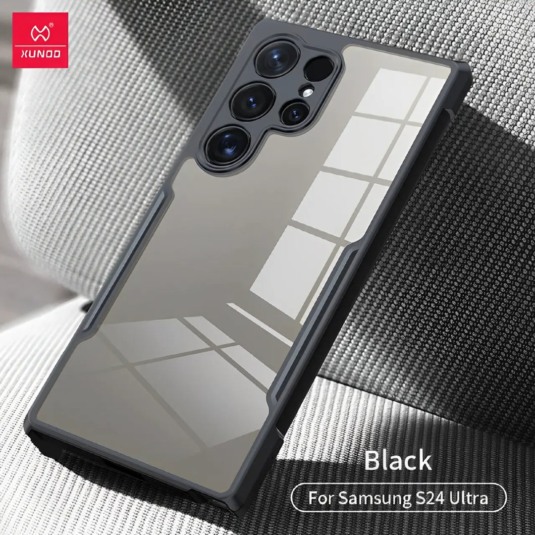 transparent Samsung cover with black hard silicone for a firm grip and scratch resistance for s24 ultra cases india