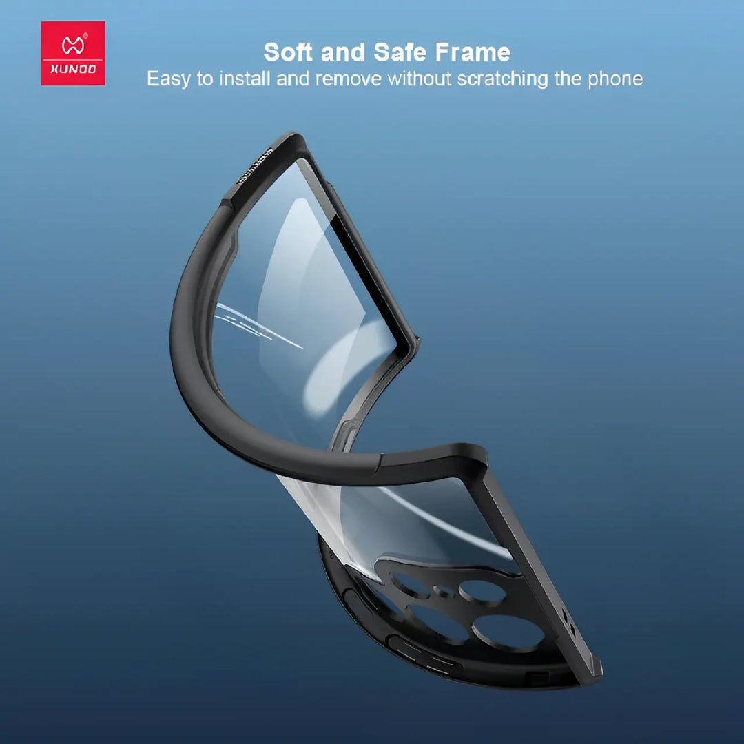 Transparent samsung covers for s24 ultra cases india with a flexible TPU frame being bent to demonstrate its soft and safe frame