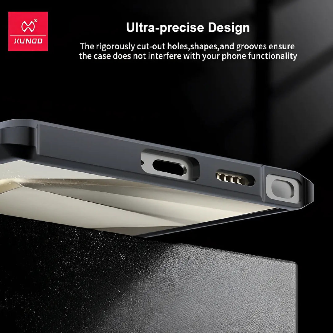 Close up of Xundoo transparent samsung covers showing precise cutouts for charging and S Pen ports on s24 ultra cases india