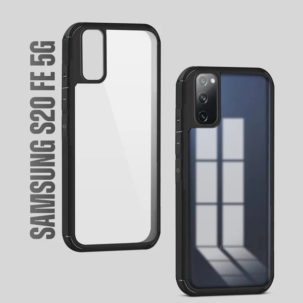 Transparent back samsung cover with black frame for Samsung S20 FE 5G, offering a clean and minimal look.