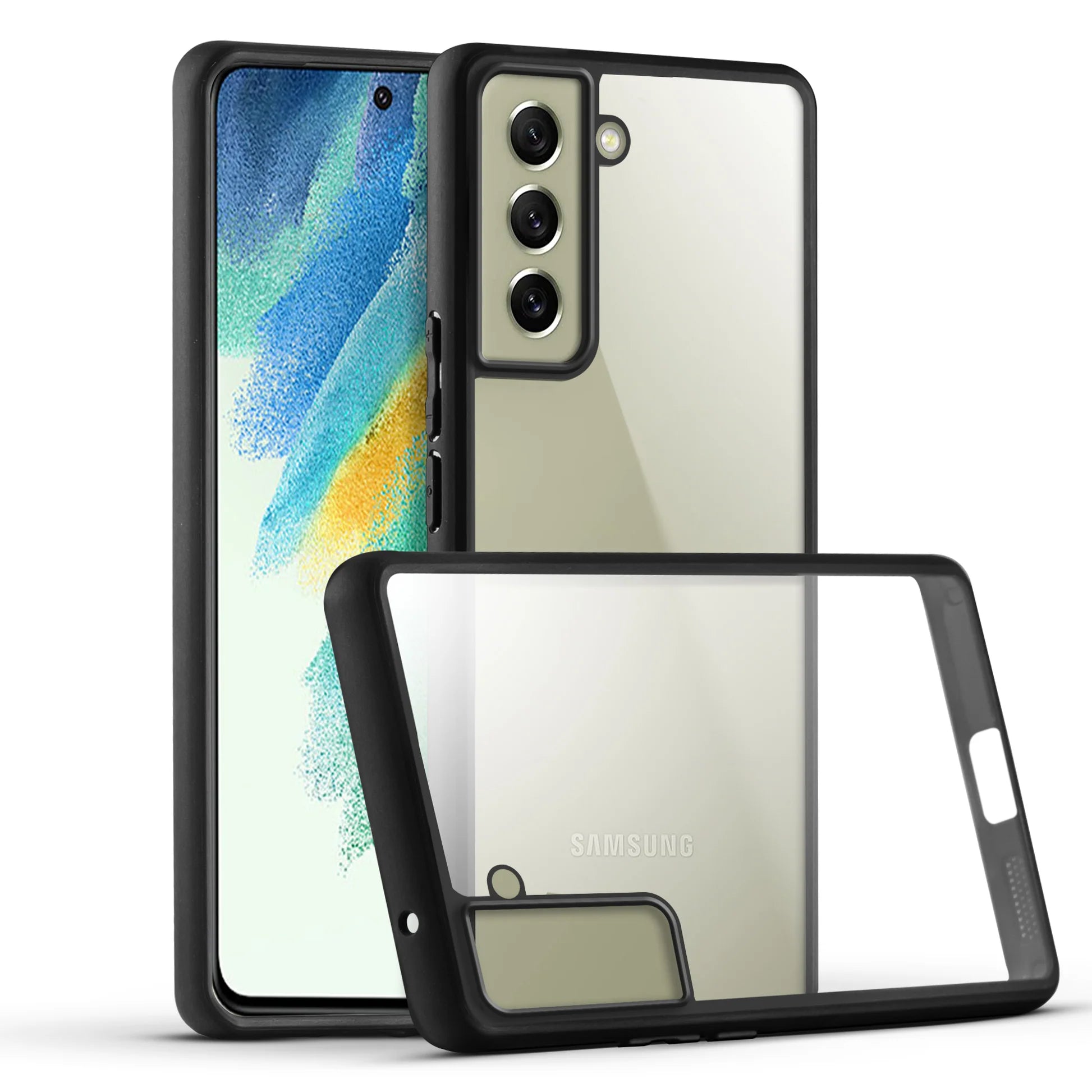 Shockproof samsung cover for samsung s20 fe case with clear back and sturdy black sides.