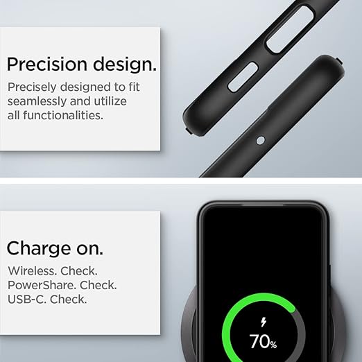 Infographic samsung covers showing seamless access to ports and support for USB C and wireless charging for s22 cover