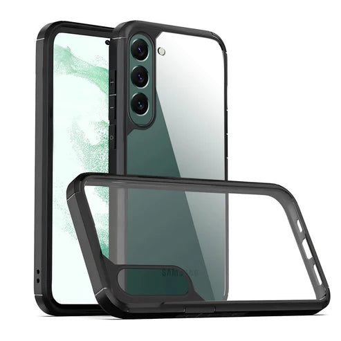 Transparent samsung cover with shock resistant black frame, giving full rear view with detailed cutouts for s22 ultra back cover