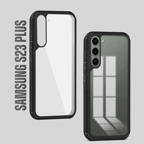 Samsung S23 Plus samsung case with see through back and matte black bumper, samsung cover offering edge to edge clarity and support