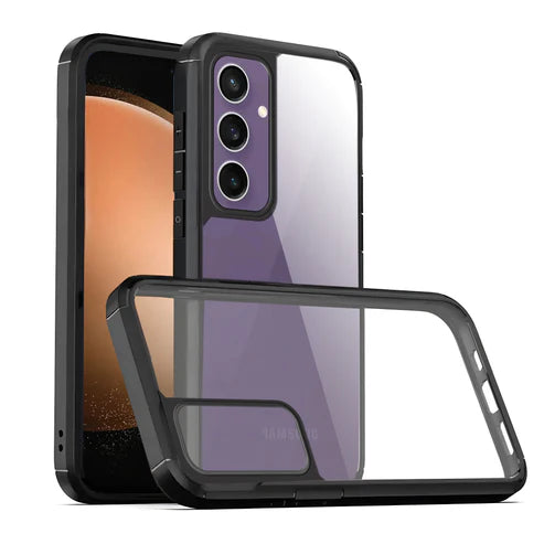 Clear back Samsung S23 FE samsung cover with soft black TPU edges for shock absorption and stylish grip.