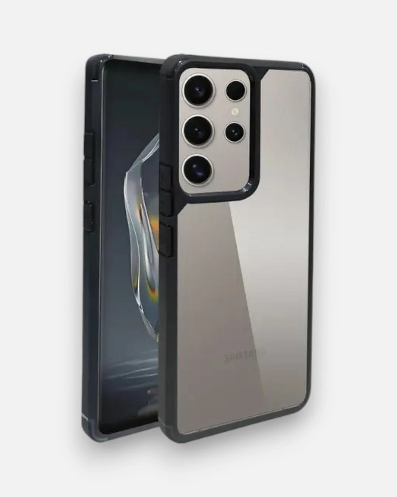 Glossy Samsung Ultra mobile cover with black frame and mirror finish back,s24 ultra cases india offering elegance with durability.