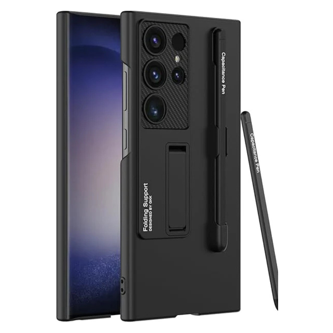 Full view of black Samsung cover with S Pen slot and adjustable stand for convenience for S25 Ultra