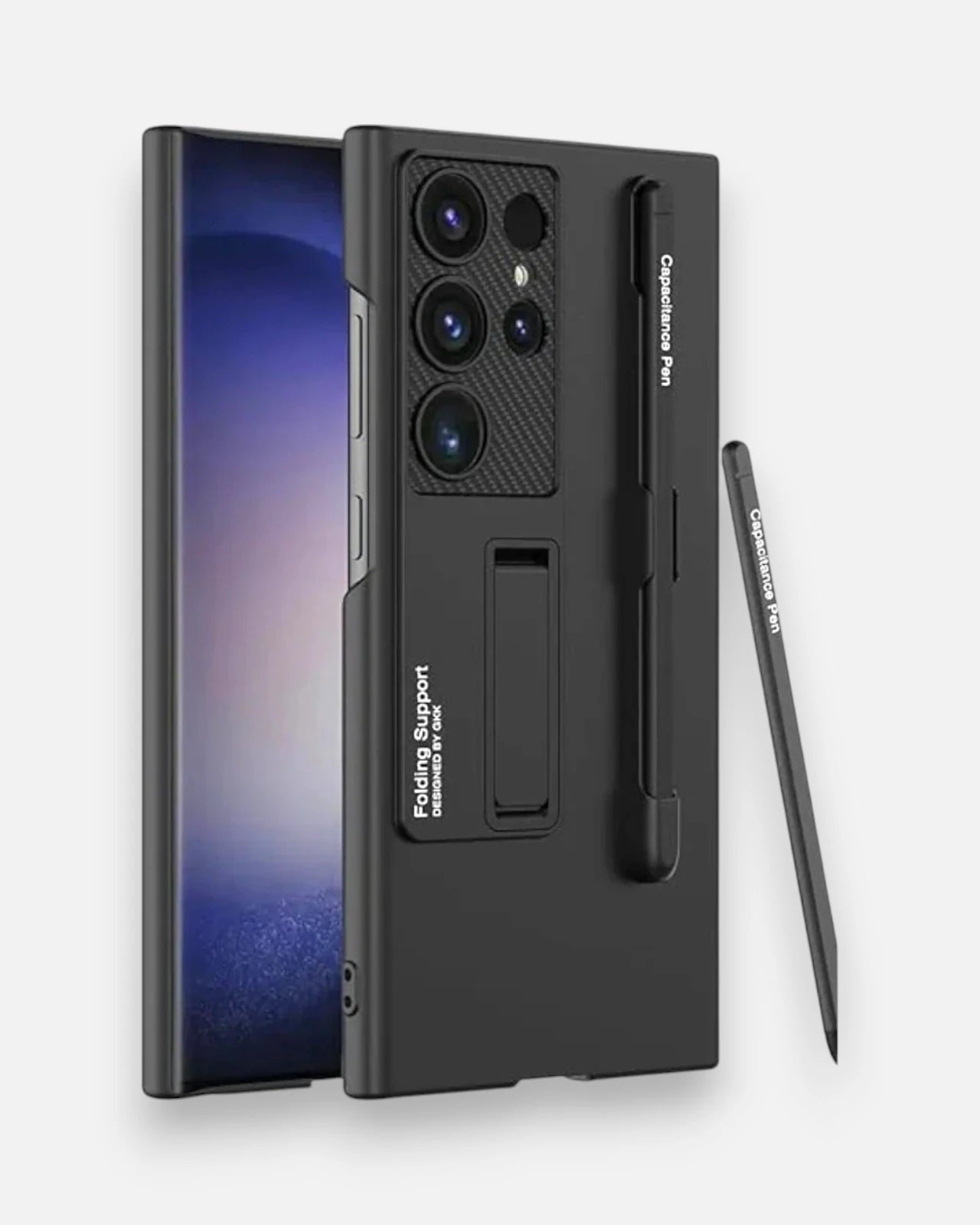 Full view of black Samsung cover with S Pen slot and adjustable stand for convenience for S25 Ultra