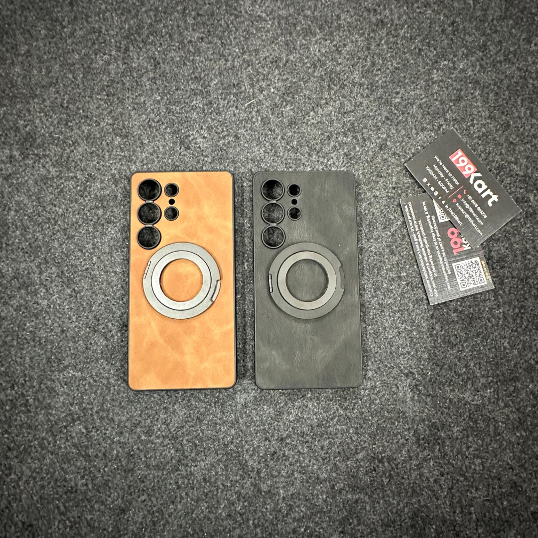 Side by side samsung covers in brown and black leather texture, each featuring a durable metal ring holder for s25 ultra