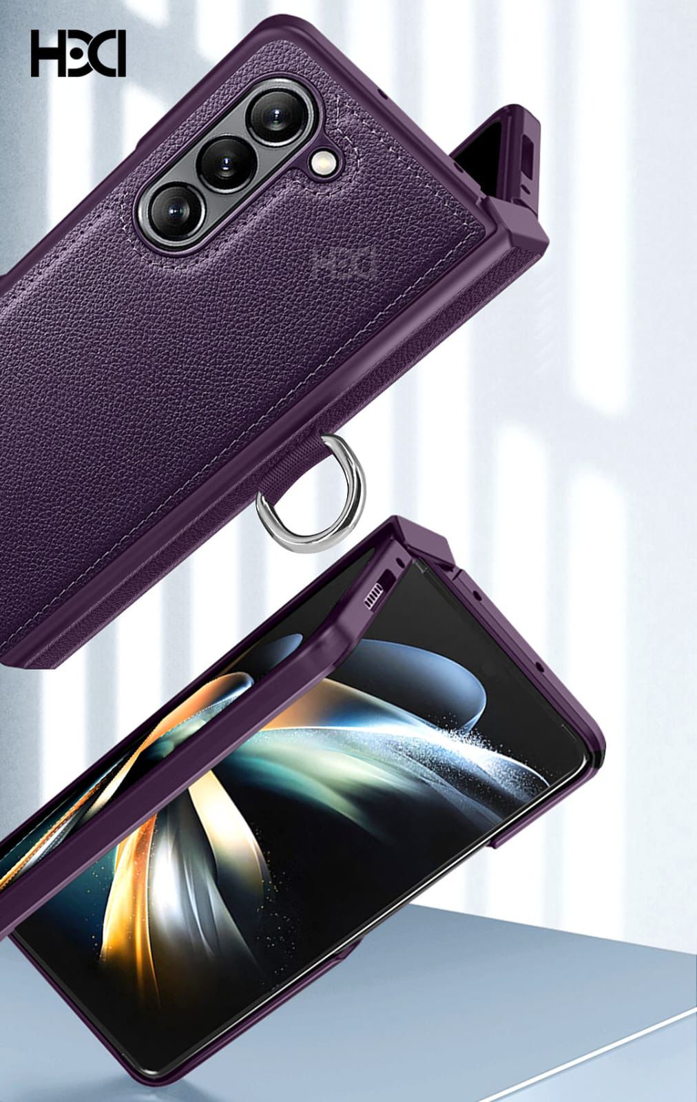 purple leather samsung covers for Samsung Z Fold 6 with magnetic ring grip and hinge safety.