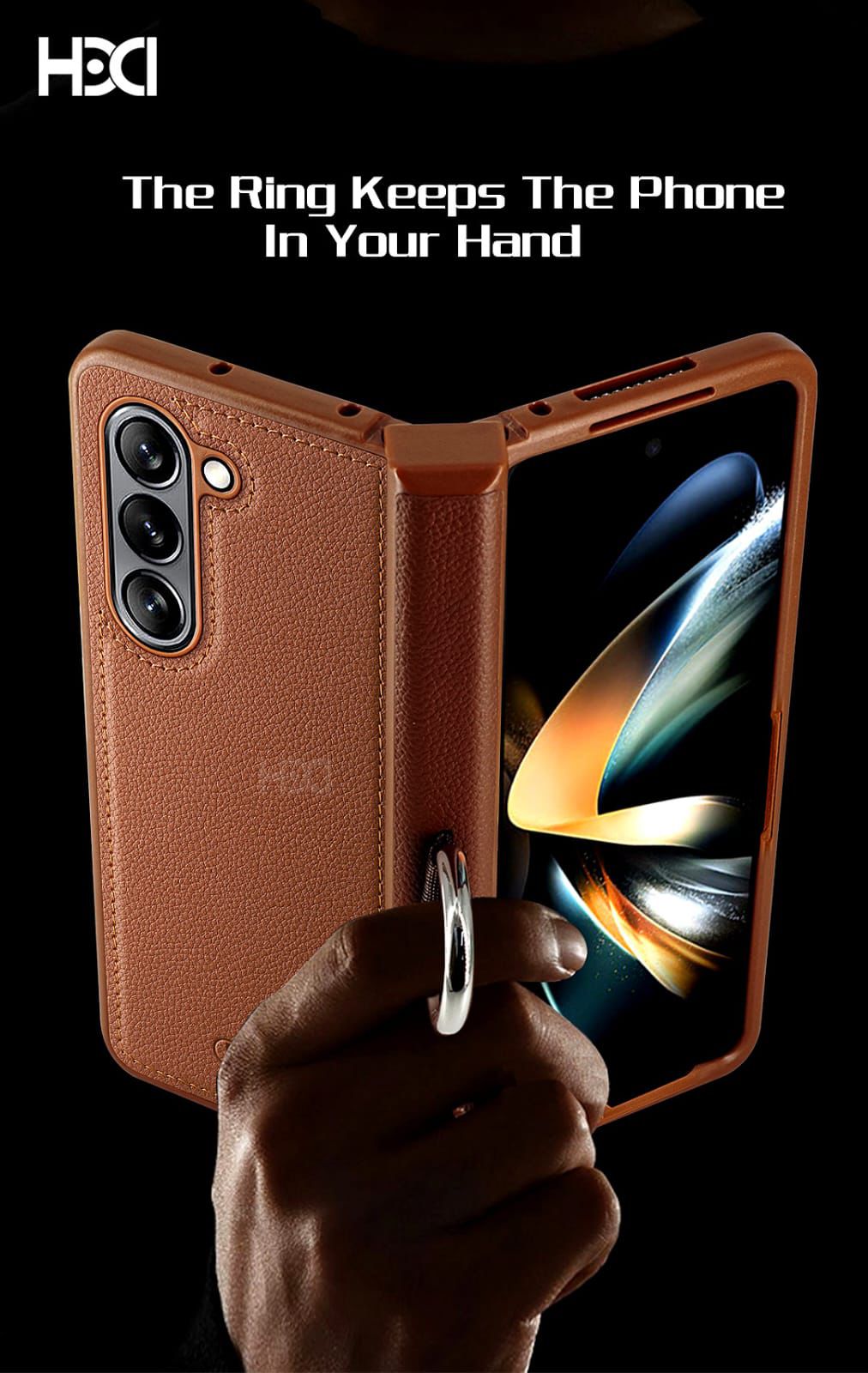 Brown Samsung Z Fold 6 leather cover held using the metal ring, emphasizing secure handling