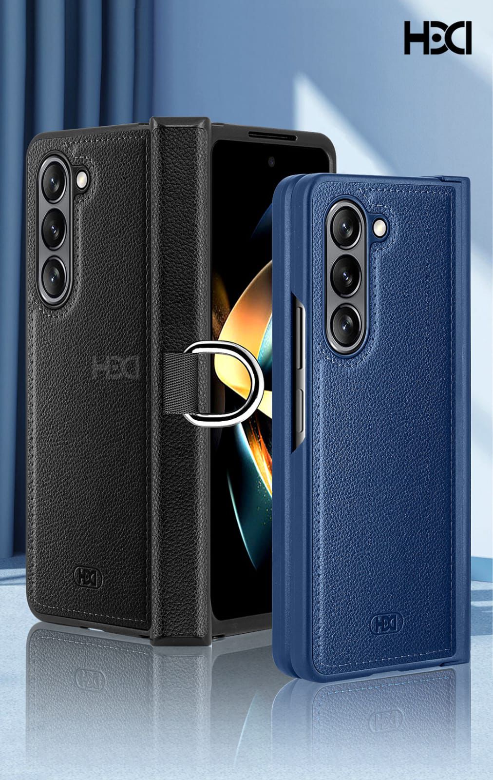 Side by side view of black and blue PU leather Samsung Fold covers with soft matte finish and full hinge protection ring