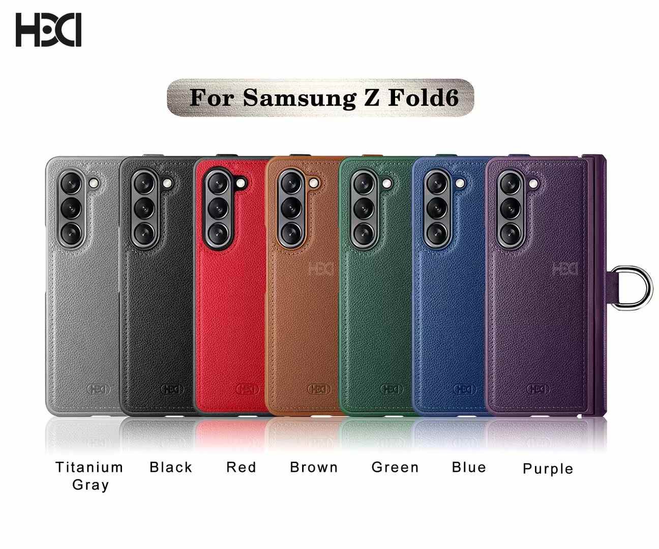 Color lineup of PU leather cases for Samsung Z Fold 6 with ring hinge design includes Titanium Gray, Black, Red, Brown, Green, Blue, and Purple for samsung cover