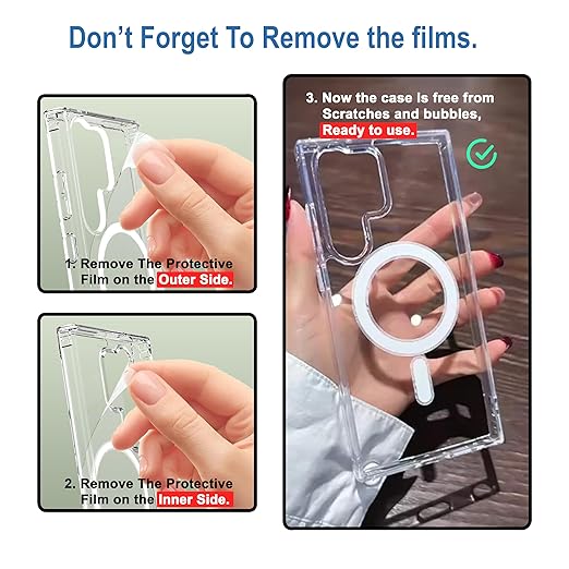 Clear Samsung case with dual layer protective films on both sides must be removed before use for crystal clear finish for S25 ultra